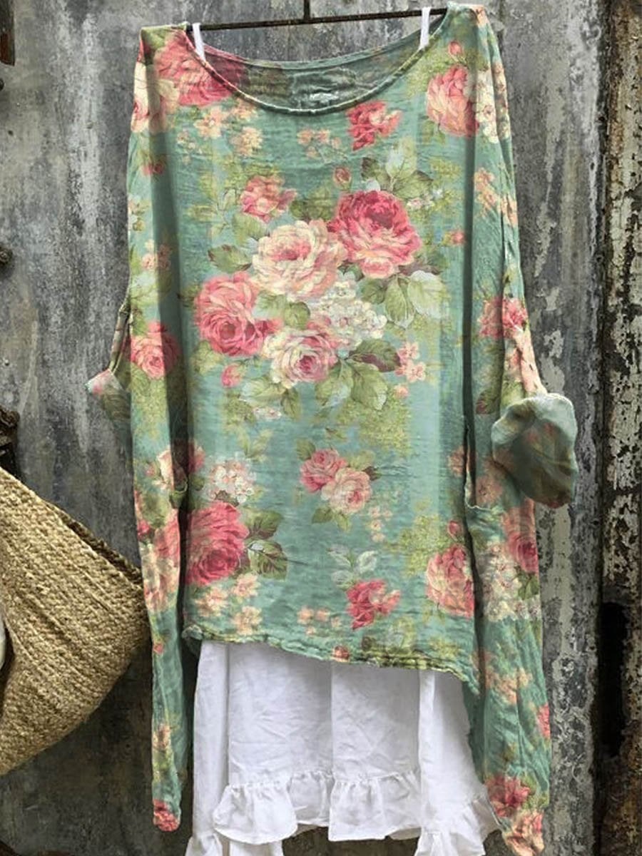 Women’s Vintage Floral Art Print Casual Linen Cotton Pullover Top Multicolor / Onesize