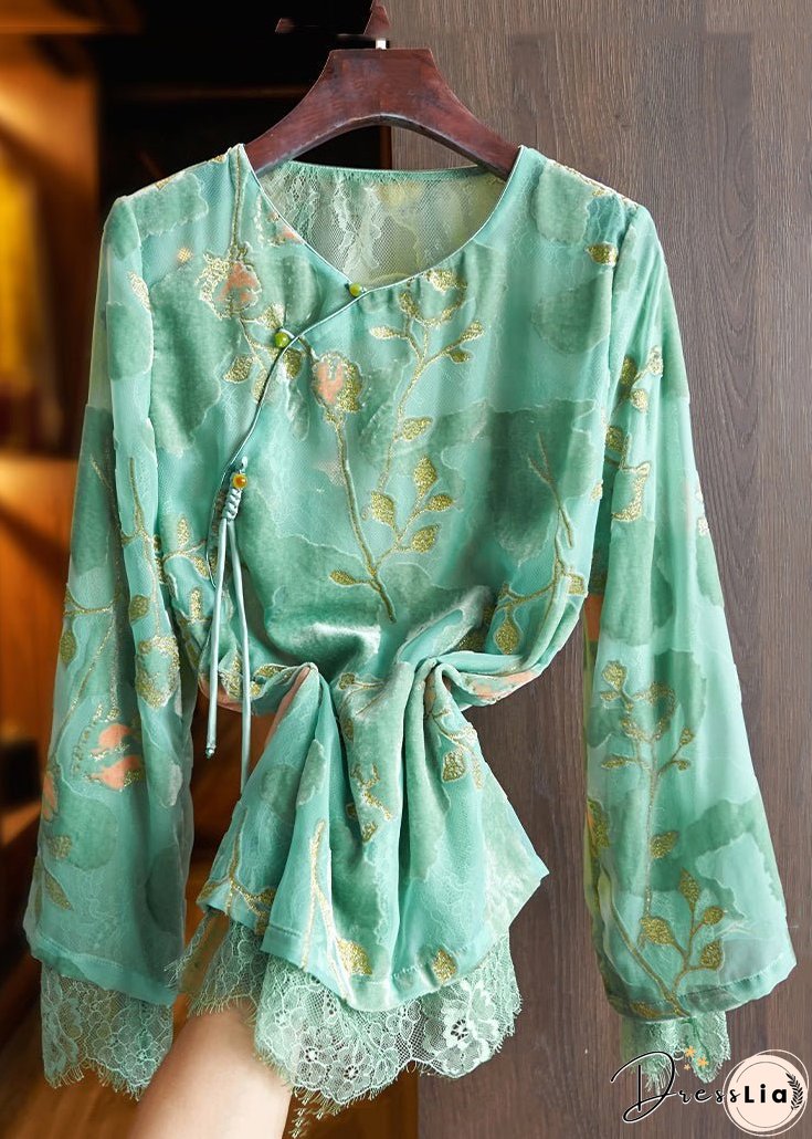 New Green O Neck Button Lace Patchwork Silk Velour Shirt Fall