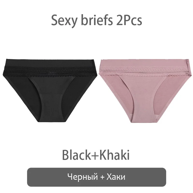 FINETOO 2Pcs/set Lace Panties Women Silk Underwear M-XL Smooth Panty Comfortable Girls Underpants Sexy Briefs 6 Colors Lingerie