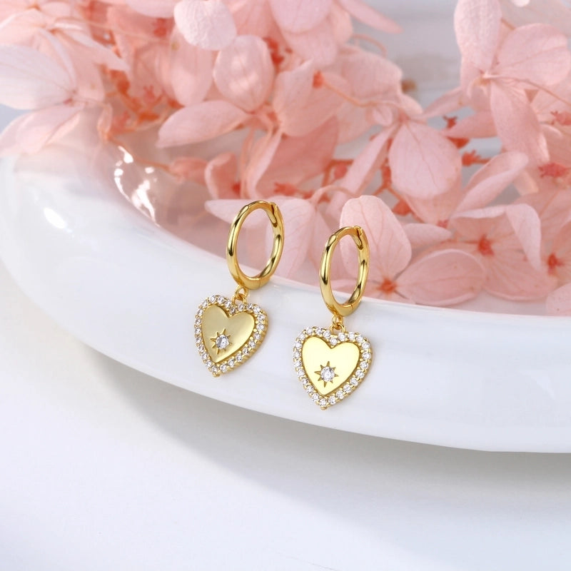 1 Pair 925 Sterling Silver Zircon Heart Shape Solid Color Drop Earrings