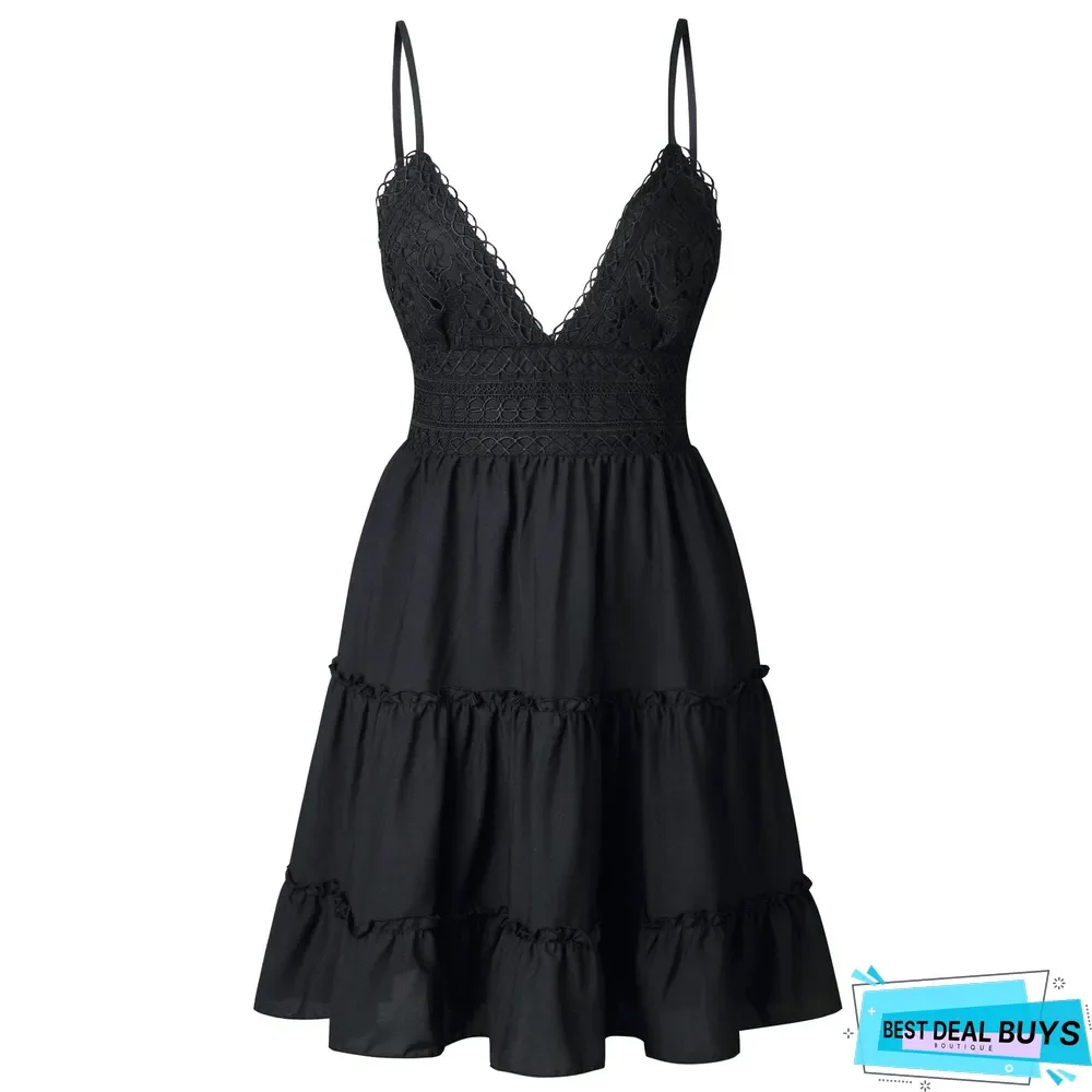 Women Lace Sexy Backless V-Neck Beach Dresses Sleeveless Mini Sundress White Dresses