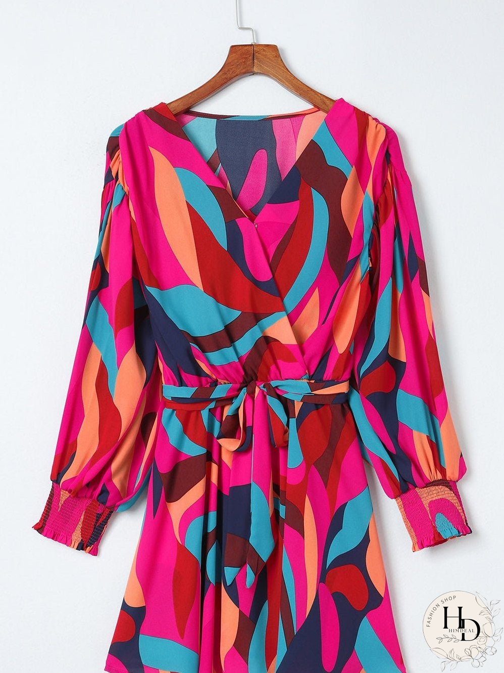 Lapel Print Lace-Up Long Sleeve Dress