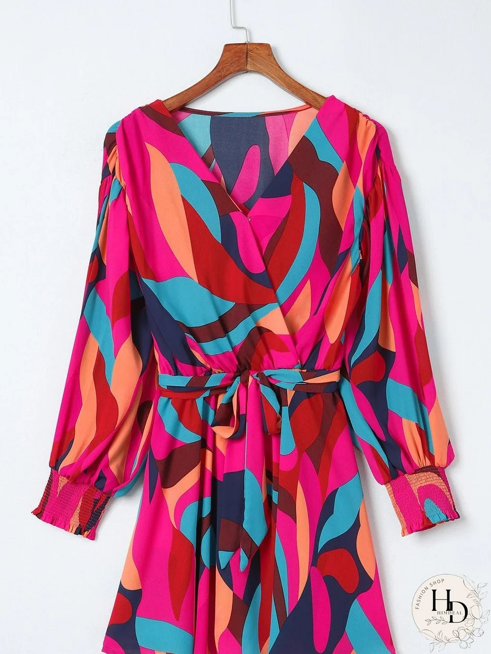 Lapel Print Lace-Up Long Sleeve Dress