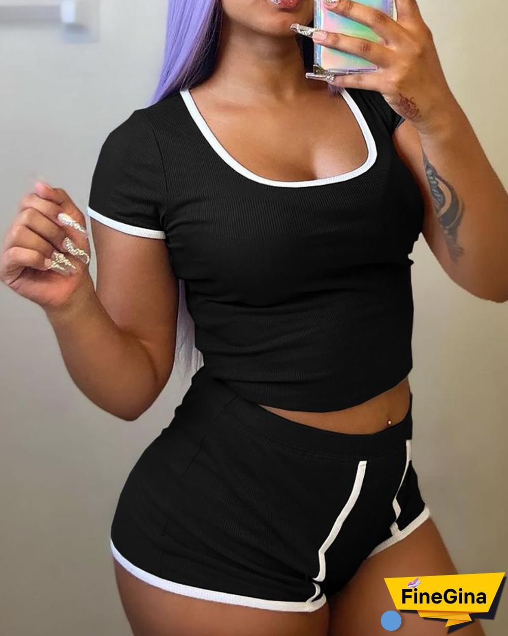 Ribbed Contrast Binding U-Neck Top & Shorts Set