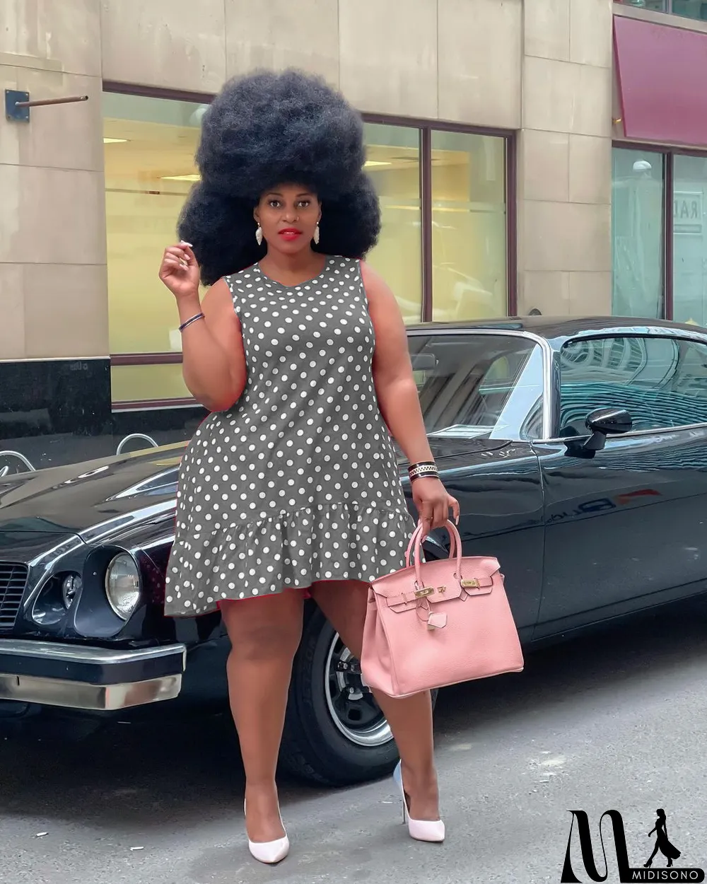 MidiSono - Plus Size Polka Dot Print Sleeveless Mini Dress (Without Belt)