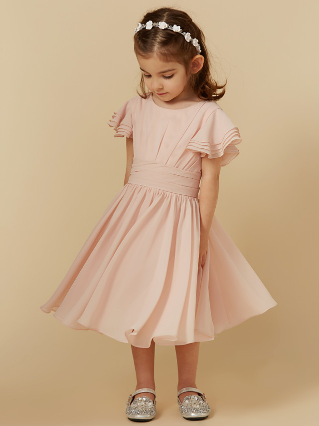 Daisda Short Sleeve Scoop A-Line Tea Length Flower Girl Dress With Sash 