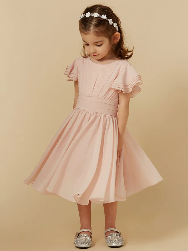 Daisda Short Sleeve Scoop A-Line Tea Length Flower Girl Dress With Sash 