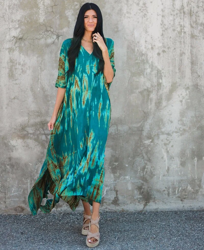 Fitshinling Halo Dyeing Vintage Beach Long Dress Women V Neck Oversize Robe Side Split Loose Kaftan Holiday Boho Maxi Dresses
