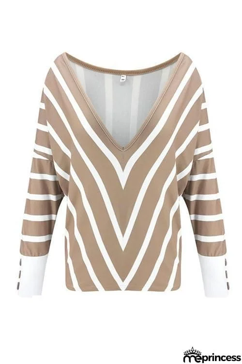 Button Stripe V Neck T Shirt