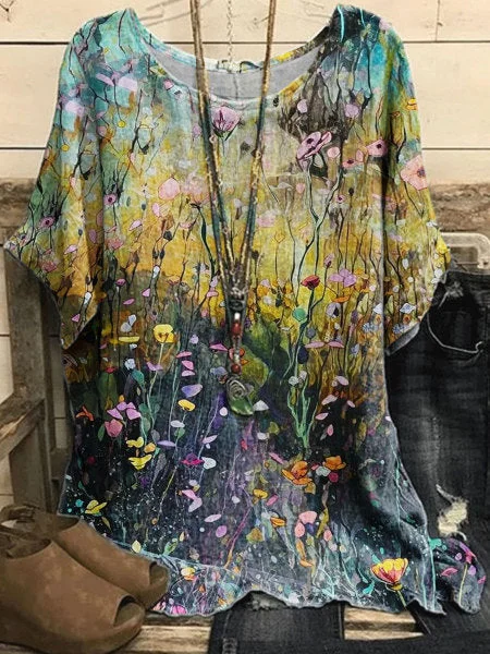 Ladies Elegant Flower Digital Printing Short Sleeve T-Shirt