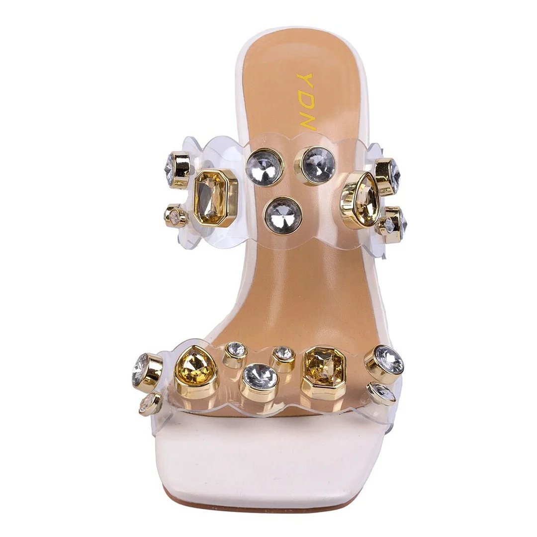 White Vegan Leather Square Toe Colorful Rhinestone Decorative Heels