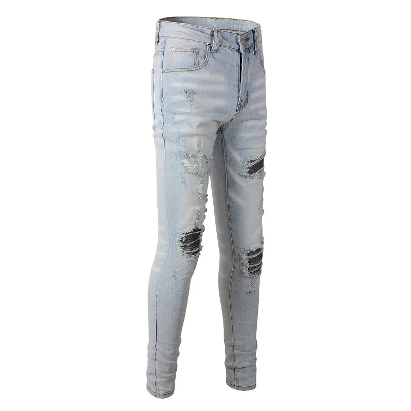 Men's Retro Old Patch Ripped Jeans Rapper Biker Gangster Style Jeans