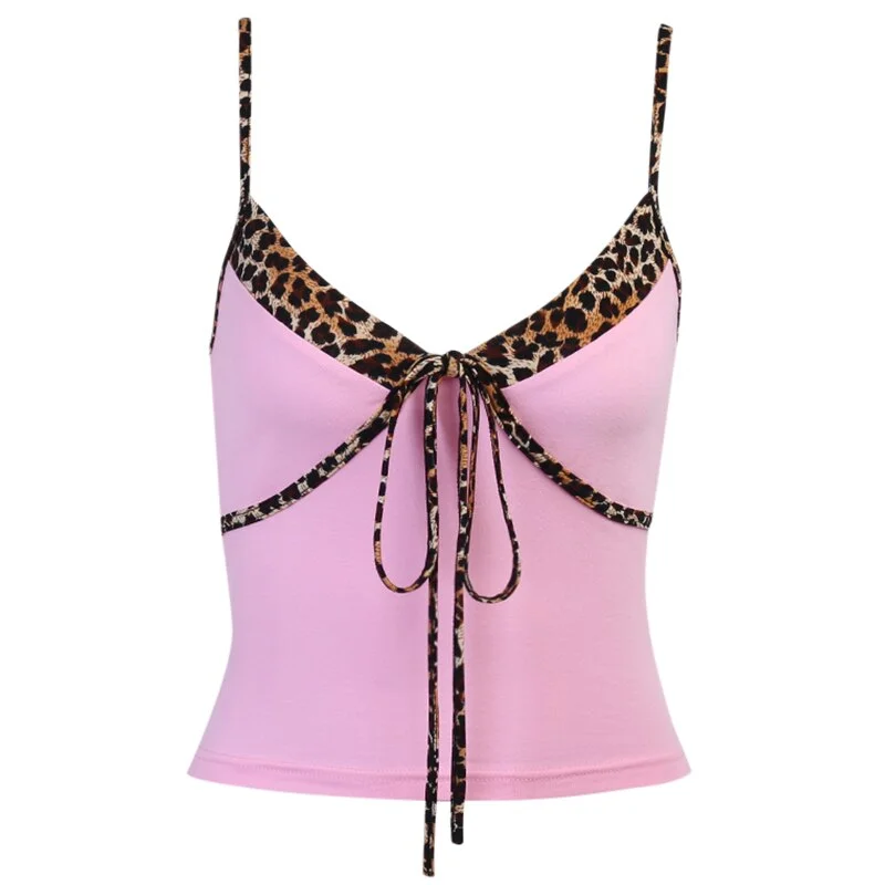 InstaHot Summer Women Crop Tops Leopard Patchwork Camis Lace Up Y2K Camisole Sexy Casual Pink Sleeveless Slim Pink 2020 Vest