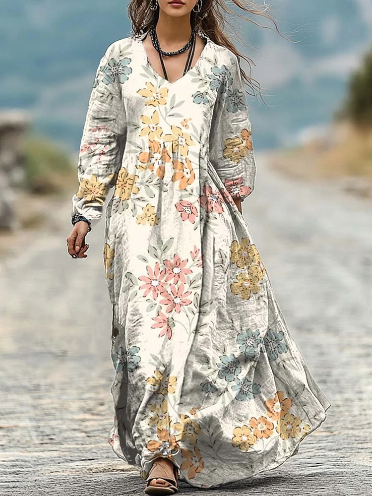 Women's Retro  Flower  Art Print Pocket Cotton Dress