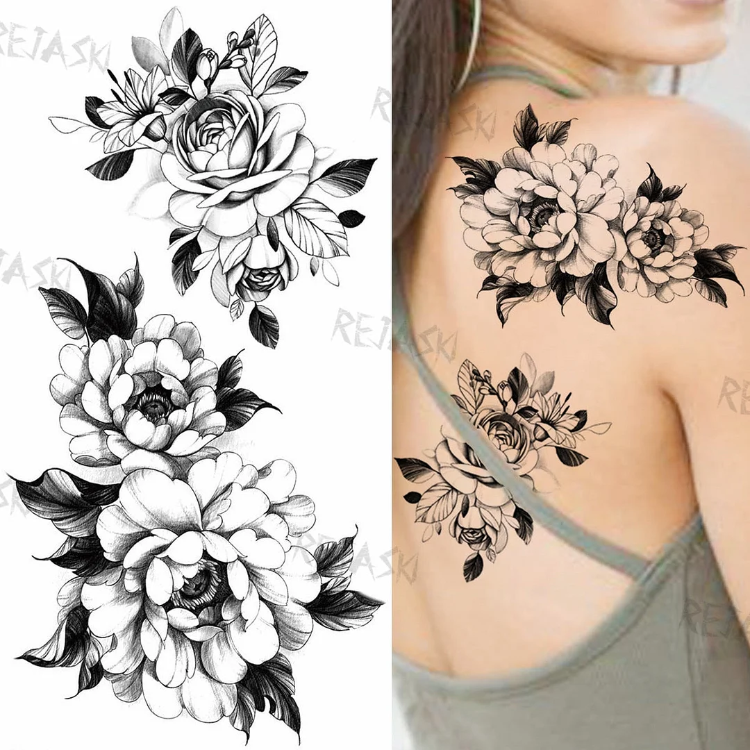 Sexy Snake Flower Fake Temporary Tattoo For Women Black Sunflower Tattoos Bloosom Big Daisy Camellia Water Transfer Tatoos Legs