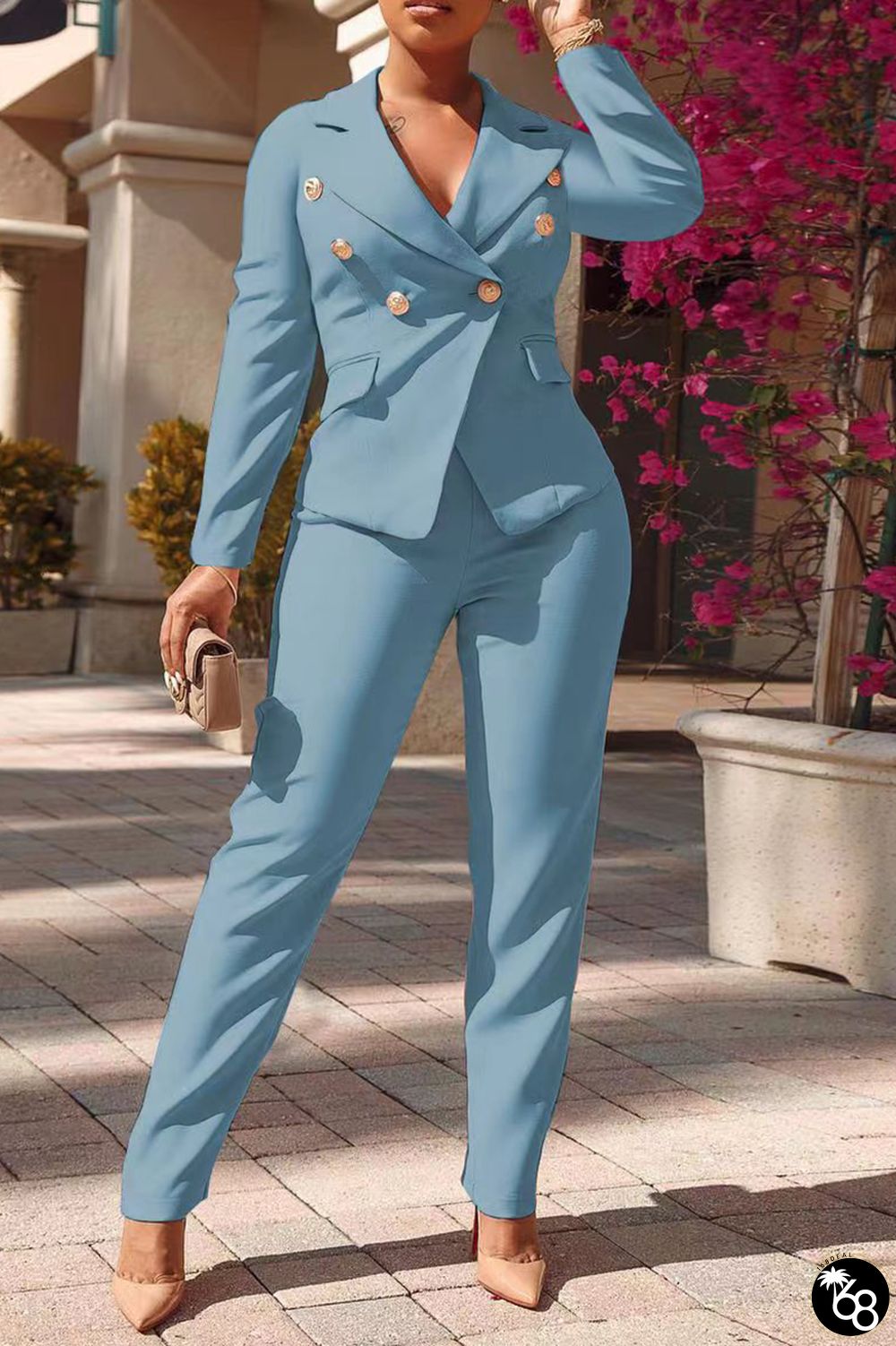 Sky Blue Fashion Solid Buckle Turndown Collar Long Sleeve Two Pieces | 168DEAL