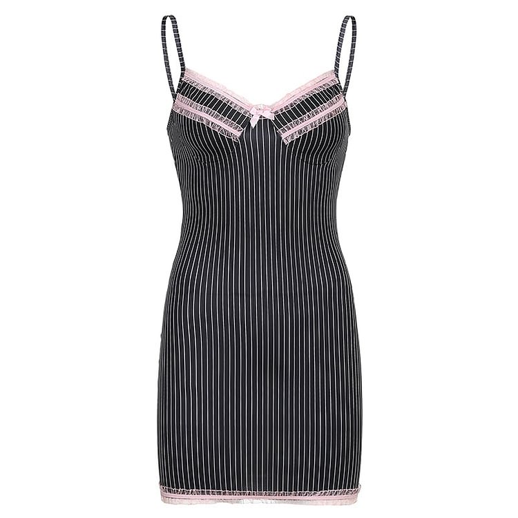 Sweetown Hollow Out Goth New Dress Women Striped V Neck Sexy Mini Dresses Dark Academia Aesthetic 90s Cute Kawaii Clothes