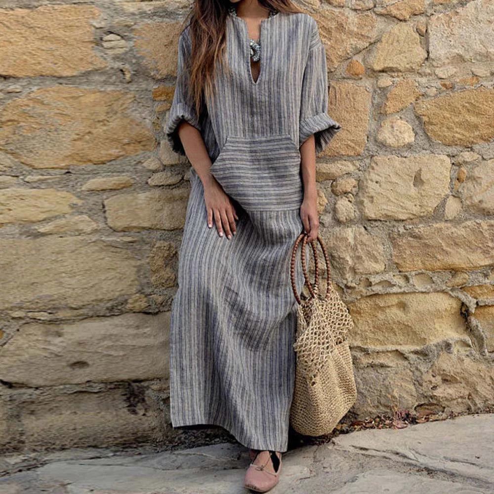 Smiledeer New cotton and linen striped loose casual long dress