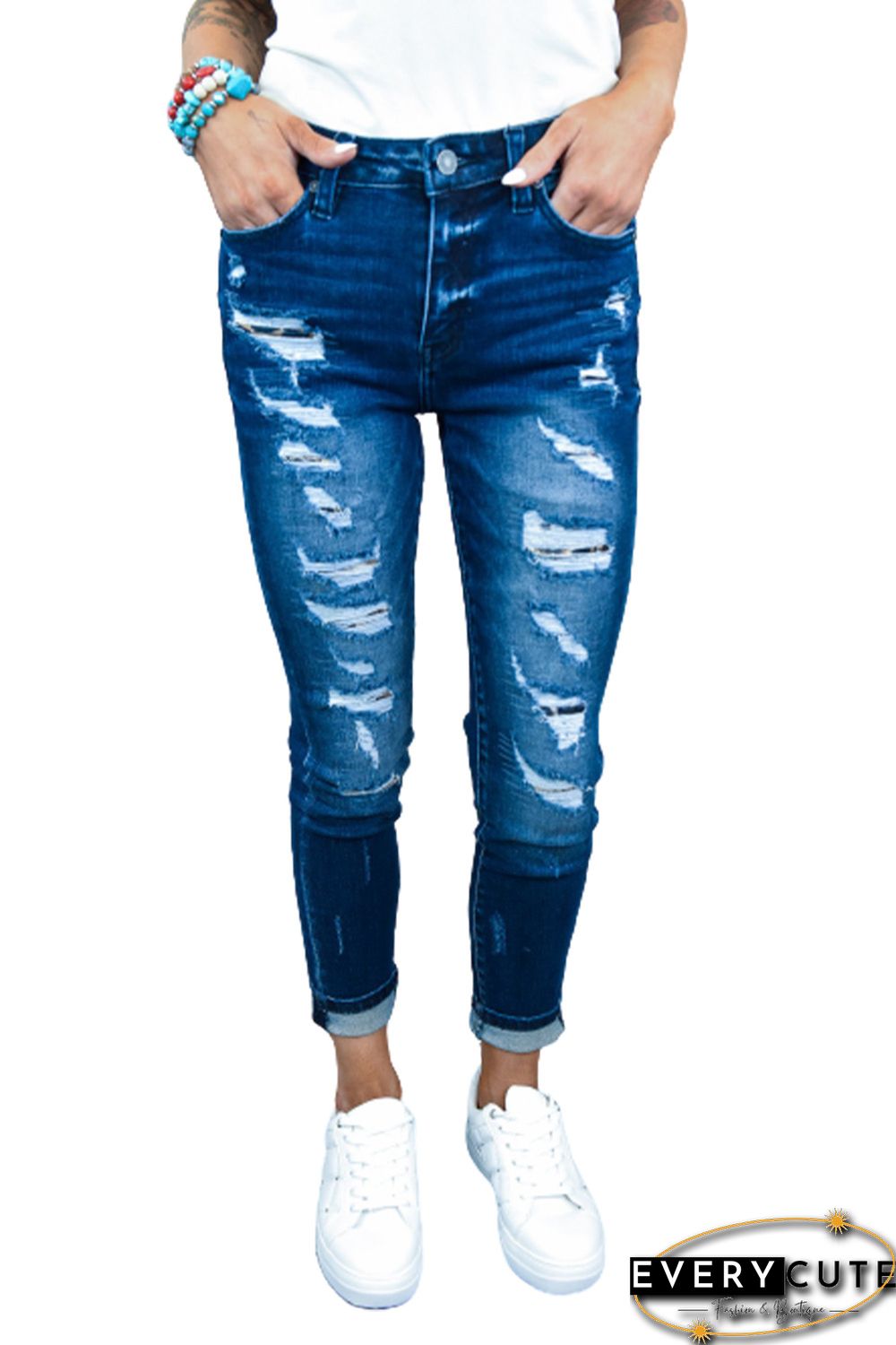 Mid Waist Ripped Skinny Jeans