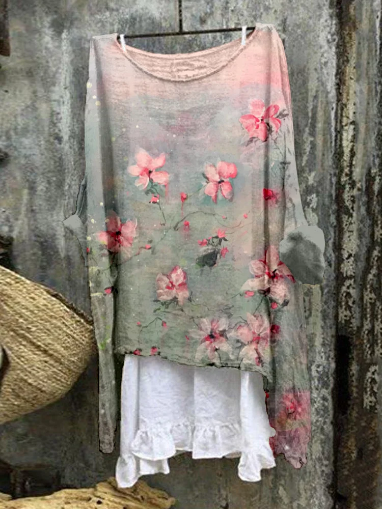 Pink Flowers Art Linen Blend Flowy Tunic