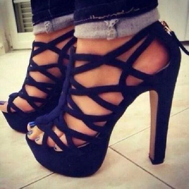 Navy Chunky Heel Peep Toe Strappy Platform Sandals Vdcoo