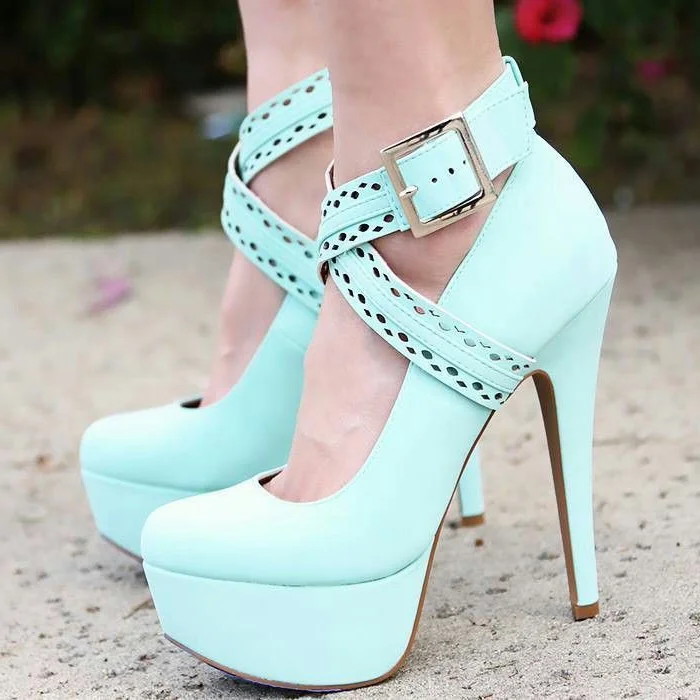 Cyan Platform Stiletto Heels Buckle Cross-over Ankle Strap Pumps