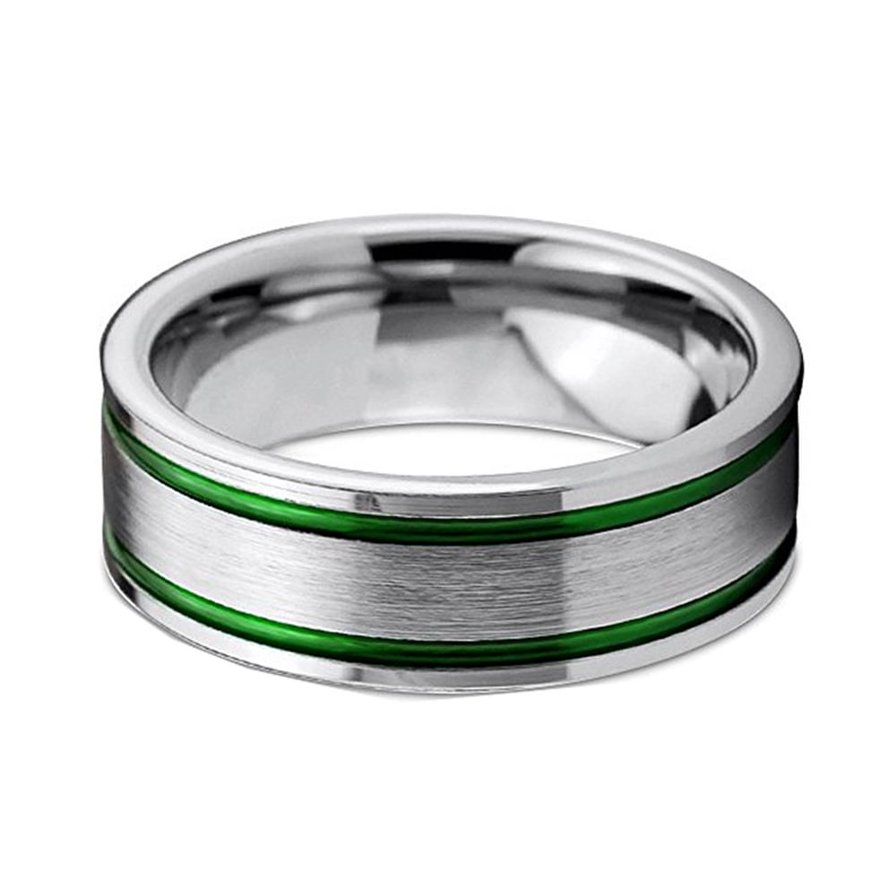 Tungsten Carbide Mens Brushed Ring Double Green Grooved Comfort Fit