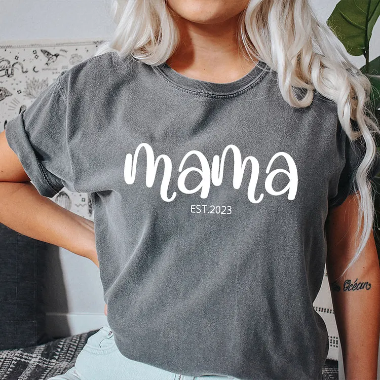 Personalised Chest Text Customization Mama Est Year T-shirt, with Children's Names on the Sleeve, Mother's Day Gift
