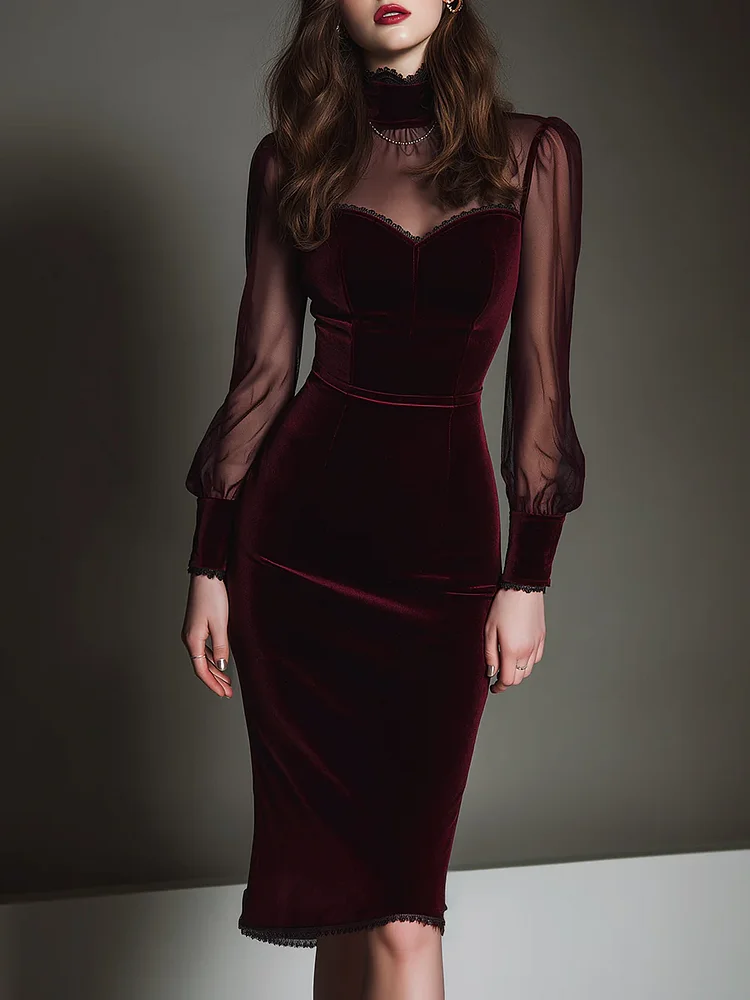 Burgundy Velvet Patchwork Sweetheart Neck Mesh Pencil Midi Dress