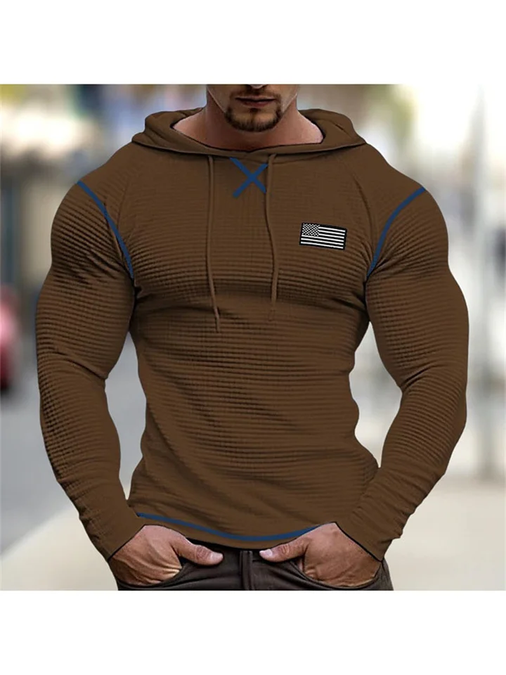 Casual Basic Men's Solid Color Round Neck Pullover Hooded Drawstring Waffle T-Shirt Tops Vacation Long Sleeve Casual Fashion-Cosfine