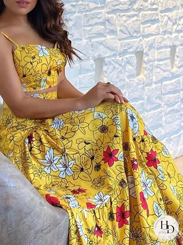 Dress Set Two Piece Dress Swing Dress Long Dress Maxi Dress Yellow Green Sleeveless Floral Backless Spring Summer Spaghetti Strap Vacation S M L XL XXL 3XL for Women