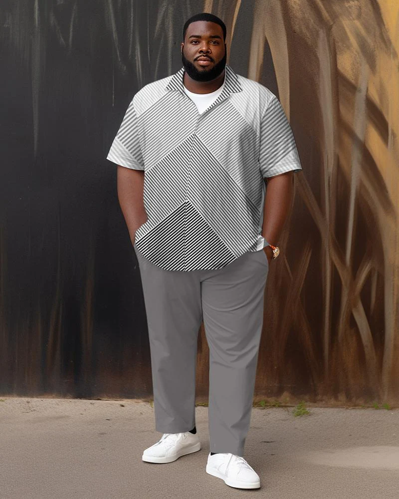 Men's Plus Size Line Square Gradient Short Sleeve Walking Suit 048
