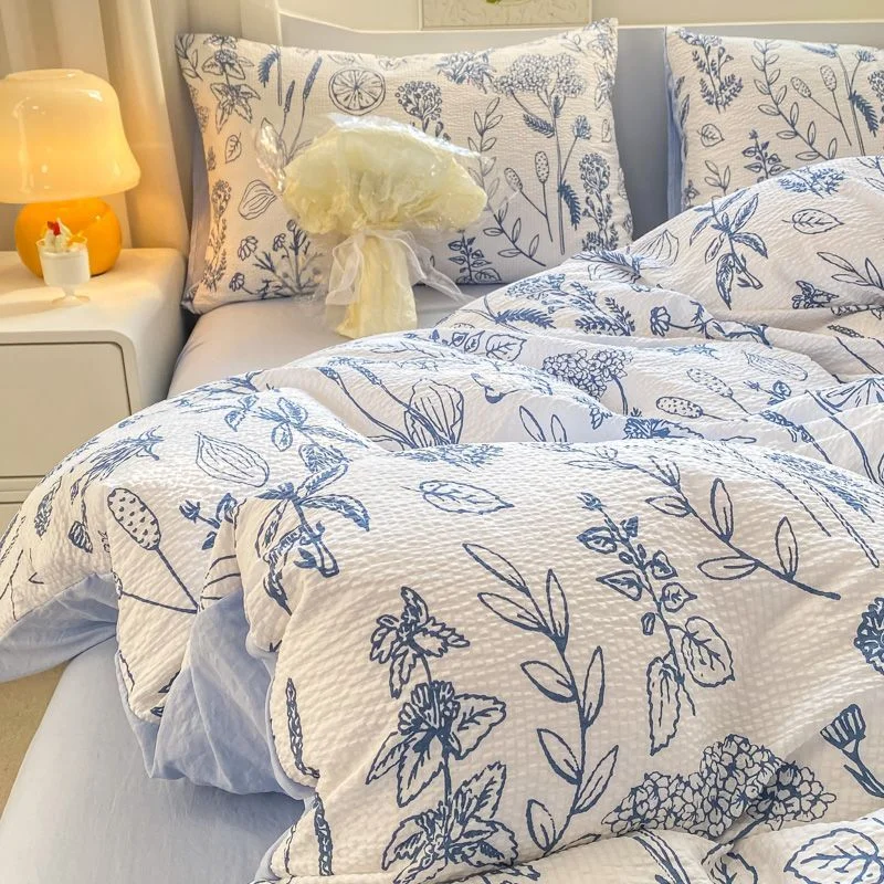 Aonga Ins Floral Style Bedding Set No Filler Breathable Seersucker Soft Single King Size Duvet Cover Flat Fitted Sheet Pillowcase Set aonga
