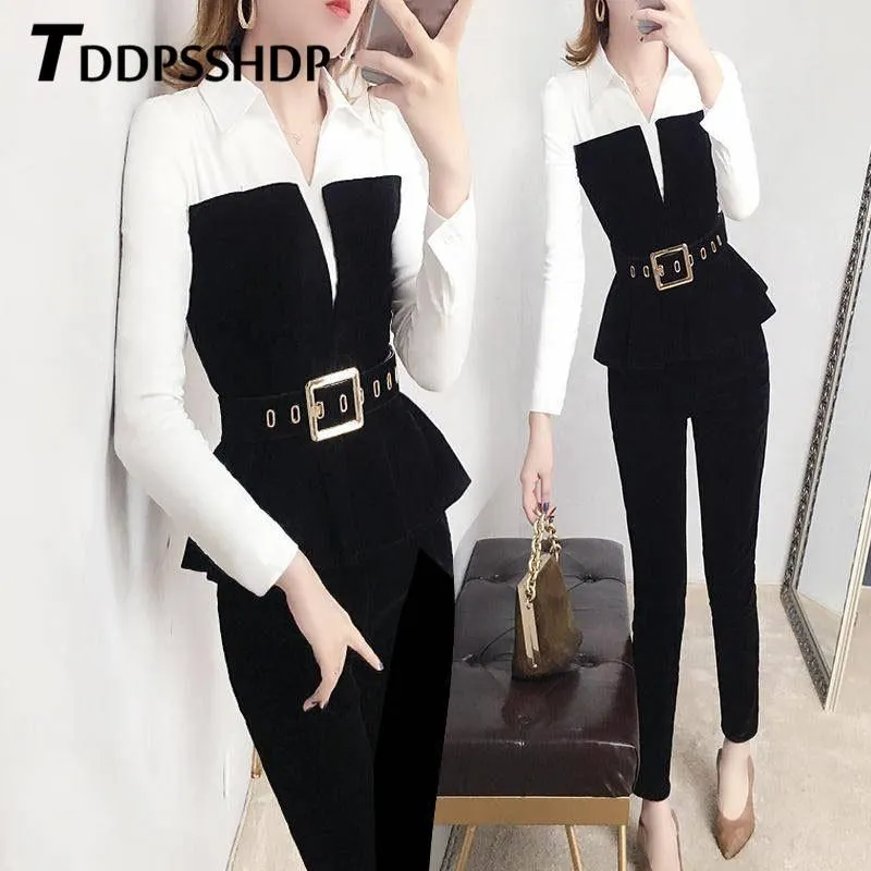2019 Fashion Women Set Waist Belt Black and White Color Top and Pants