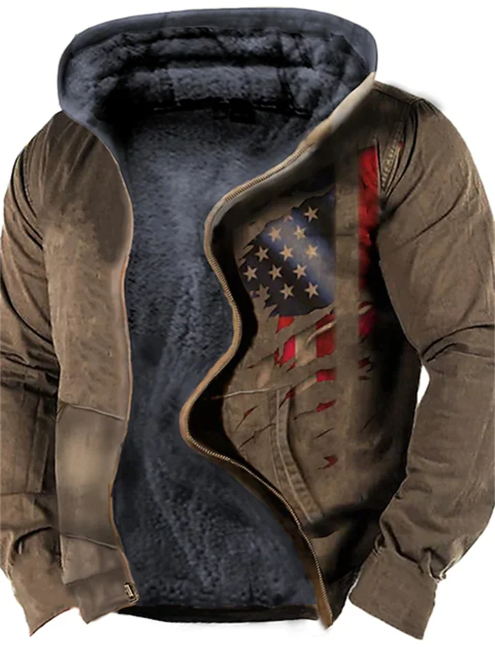 Men's Fleece Jacket Full Zip Hoodie Fleece Hoodie Sherpa Jacket Blue Khaki Brown Gray Hooded Graphic Prints National Flag Zipper Print Casual Daily Sports 3D Print Fleece Basic Designer Casual Fall