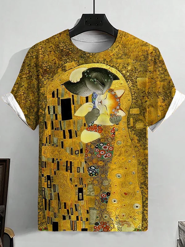 Men's Klimt Hugging Cats Couple Art Print Casual T-Shirt