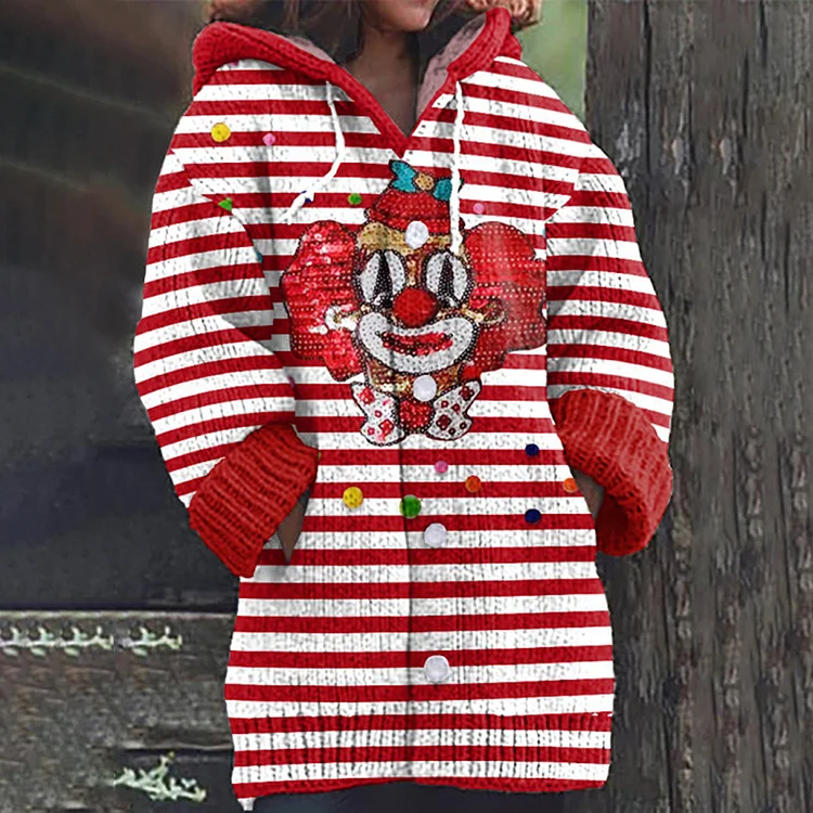 KÖLner Karneval Clown Print Casual Hooded Knitted Sweater Cardigan