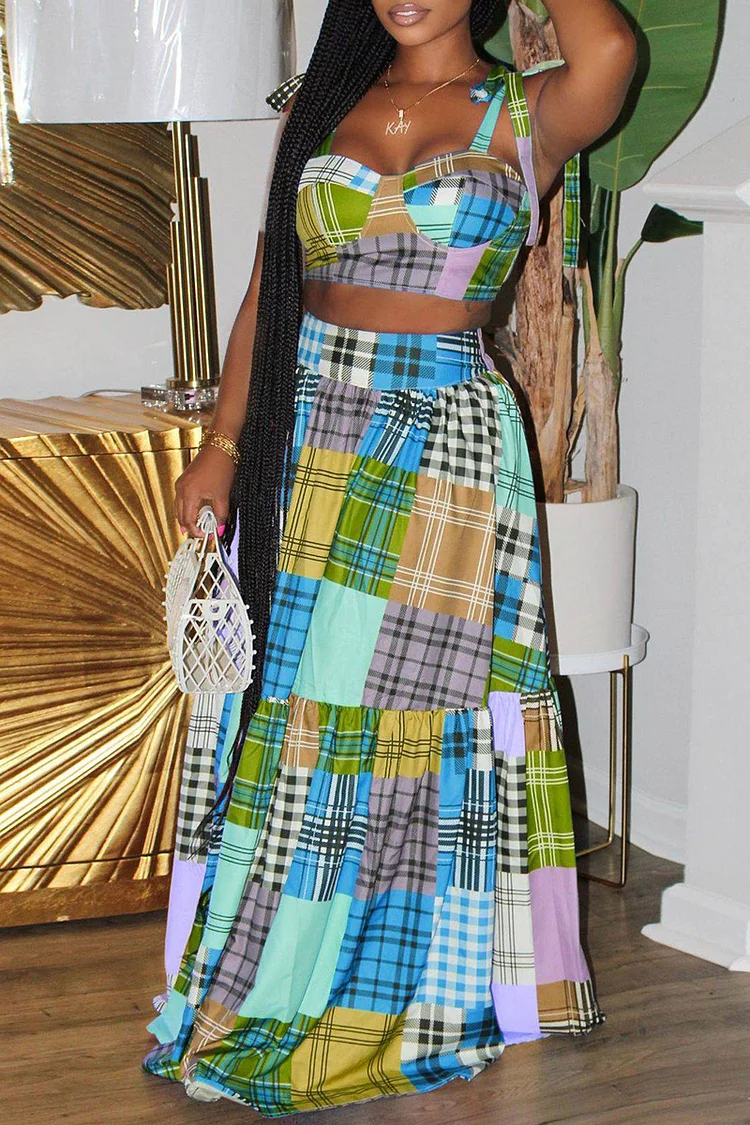 Plus Size Green Casual Grid Two Pieces Skirt Set 