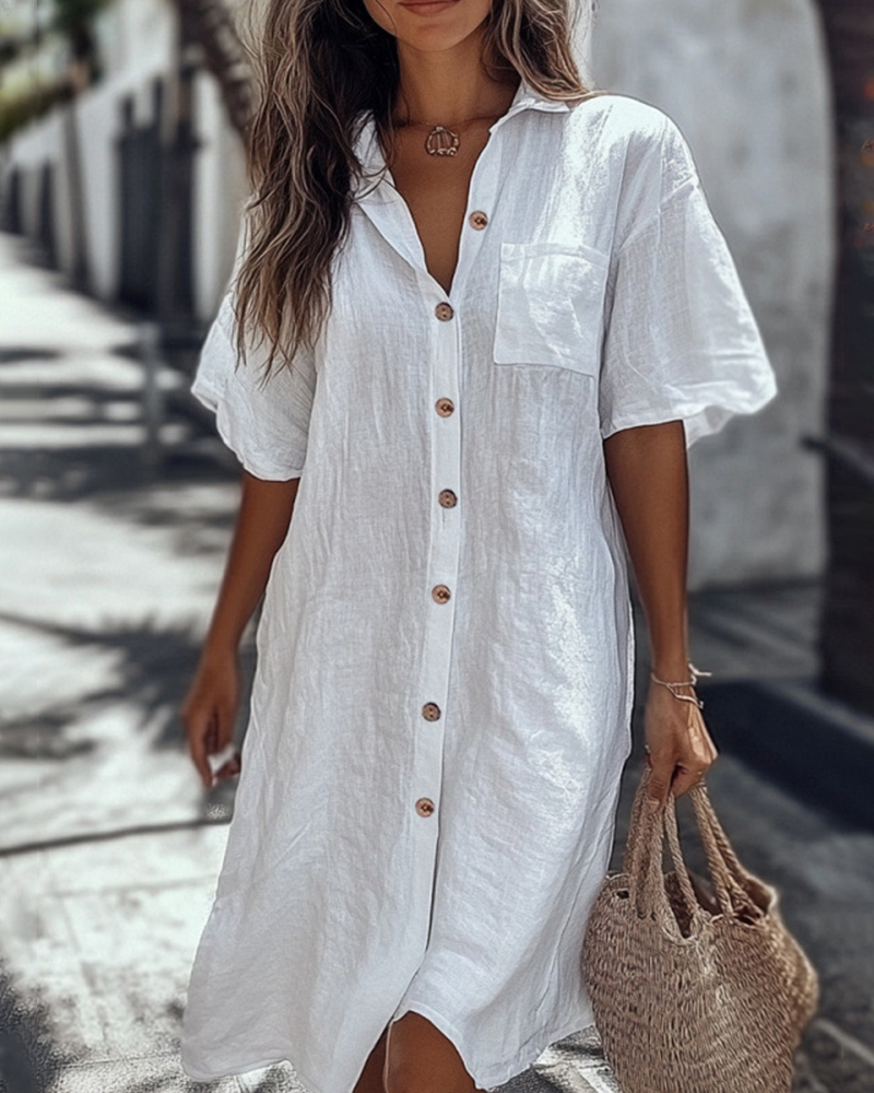 Shirt Collar Short Sleeve Single Breasted Solid Color Midi Dress