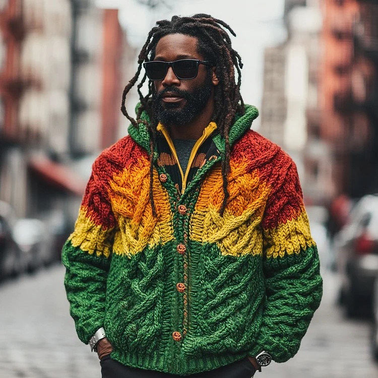 Reggae Inspired Contrast Color Chunky Cable Knit Hooded Cardigan