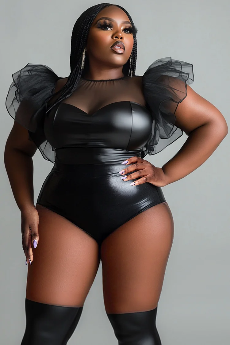 Xpluswear Design Plus Size Daily Black Round Neck Flutter Sleeve See Through Ruffle Tulle PU Leather Bodysuits [Pre-Order] 2024 - Xpluswear