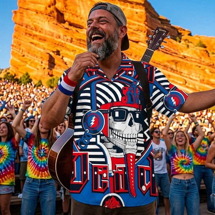 Vintage Grateful Dead Skull & Bear &Terrapin Graphic Cuban Collar Short Sleeve Shirt &ndash; Unisex Retro Cotton Top