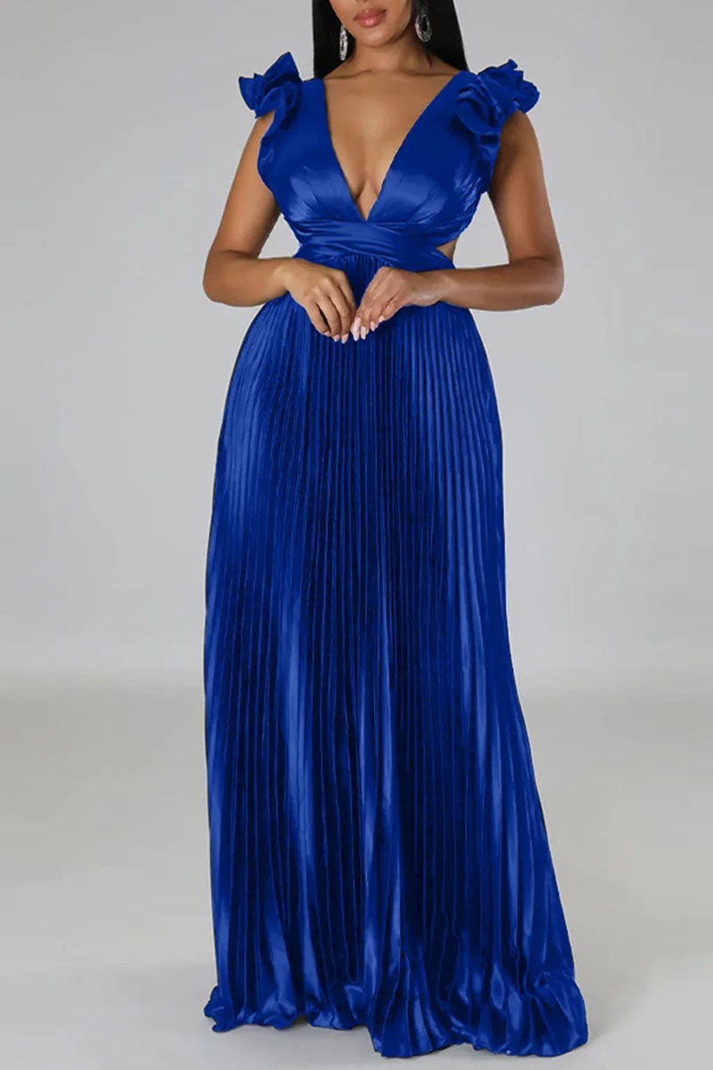 Sexy Solid Patchwork Backless Fold V Neck Straight Dresses