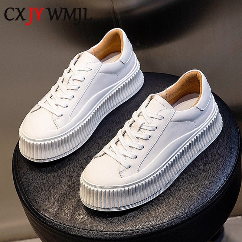 CXJYWMJL Women Genuine Leather Sneakers Spring Flat Platform Little White Shoes Ladies Autumn Fashion Thick Bottom Casual Shoes