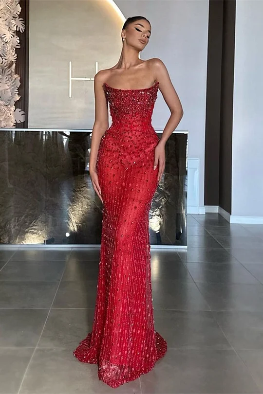 open lace back dress Long-Sleeves Appliques Red Mermaid Prom Dresses – MyChicDress main image 1