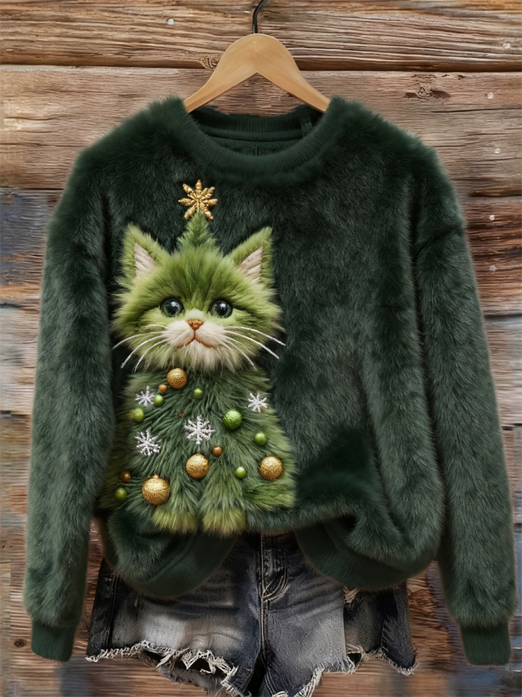 Funny Christmas Tree Cat Cozy Plush Sweatshirt elevenforest