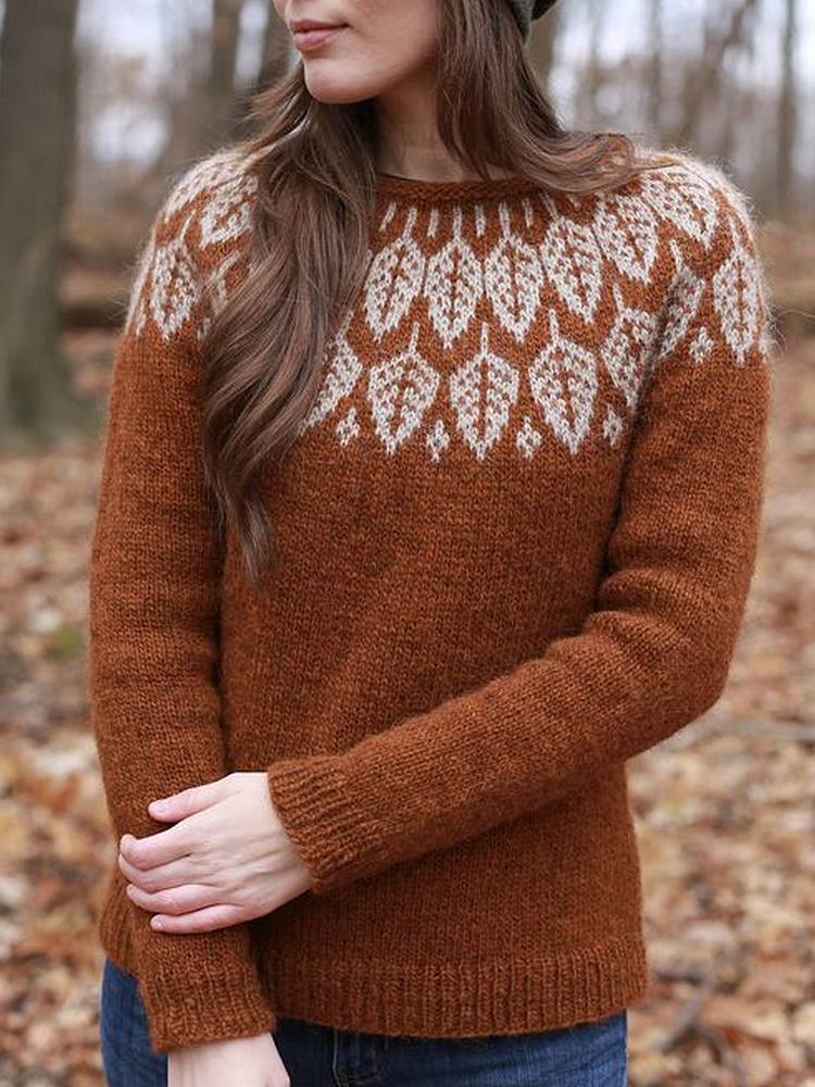 Mayoulove Knitted Printed Casual Crew Neck Sweater-Mayoulove