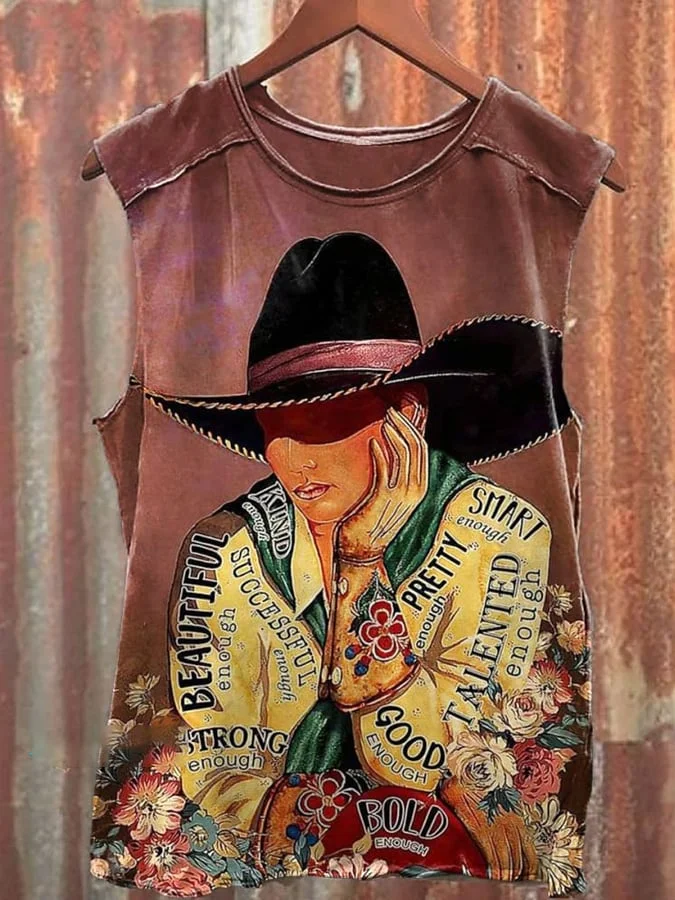 Vintage Wild West Cowgirl Print  Casual Tank Top 