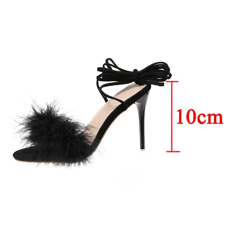 Sexy Stiletto Heel Faux Fur Sandals Women Summer Ankle Strap Gladiator Sandals Woman Plus Size High Heels Wedding Banquet Shoes