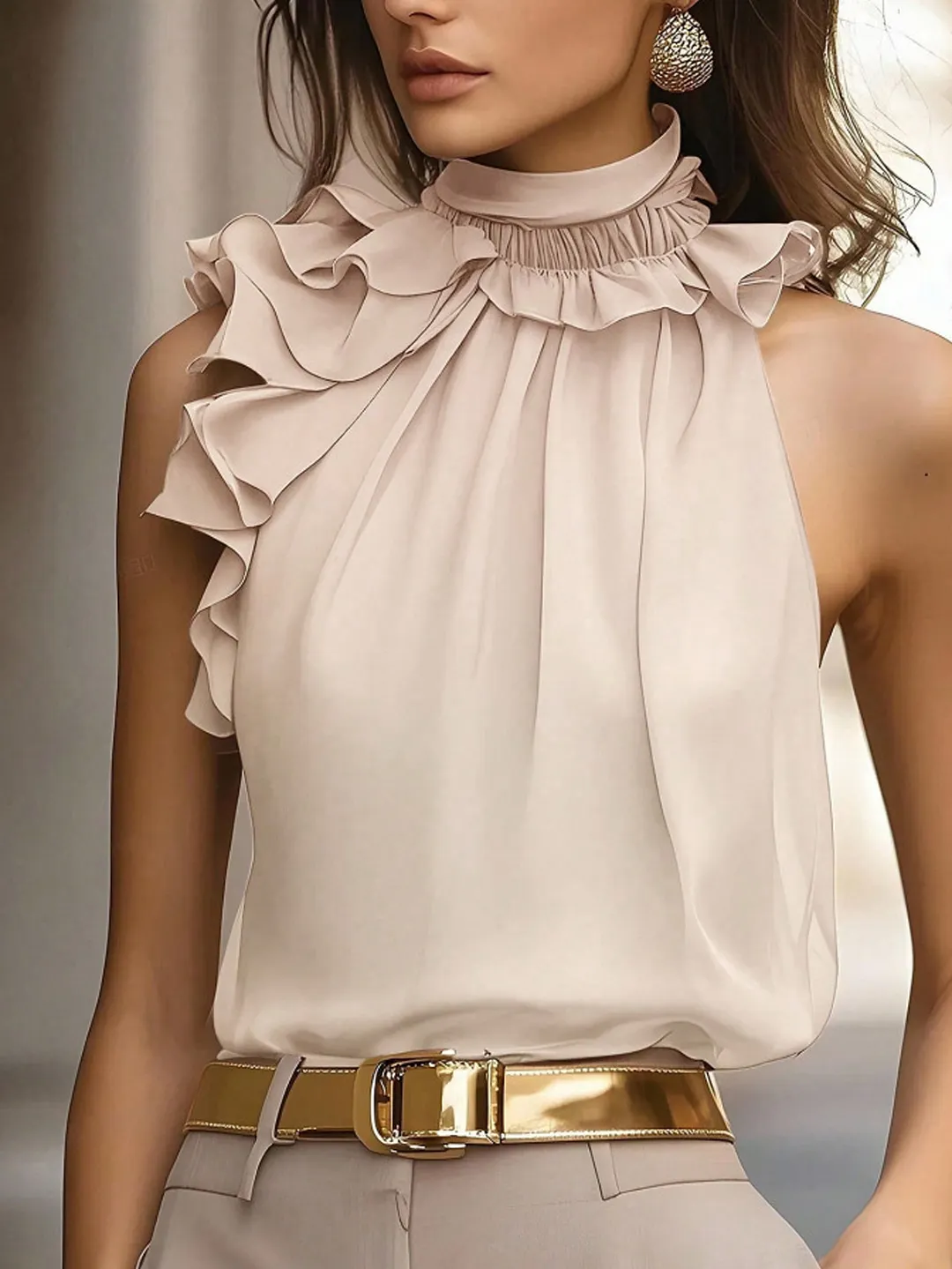 Sleeveless Halter Neck Ruffle Blouse
